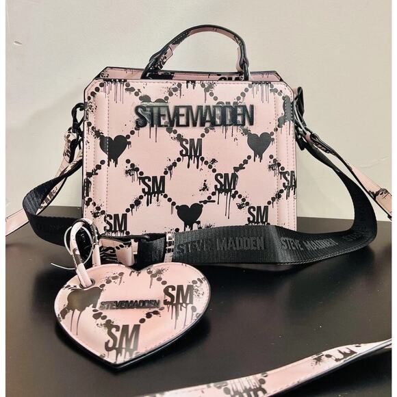 Steve Madden Bevelyn Hearts Satchel Lilac Pink Drip Heart Graffiti Halloween Bag - Picture 6 of 6